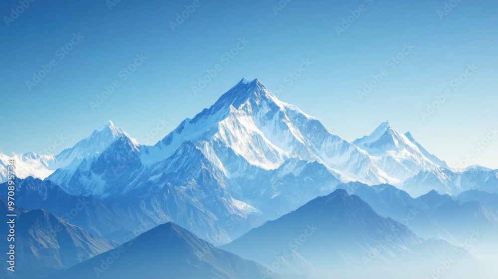 Serene mountain range with snow-capped peaks under a clear blue sky Serene mountain range with snow-capped peaks under a clear blue sky