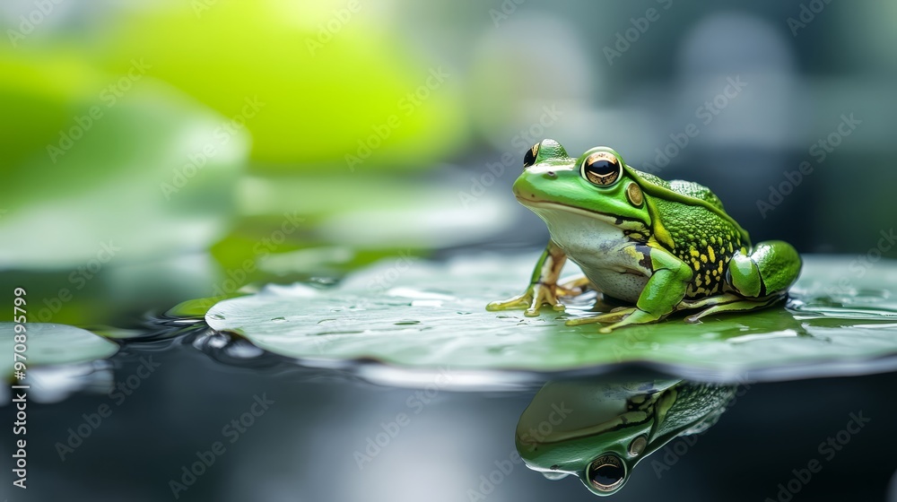 Green Frog Sitting on Lily Pad in Pond Green Frog Sitting on Lily Pad in Pond