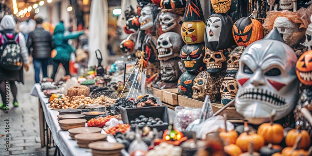 Naklejka premium Halloween Market Delights. A vibrant Halloween market stall overflowing with spooky decorations, masks, and treats.
