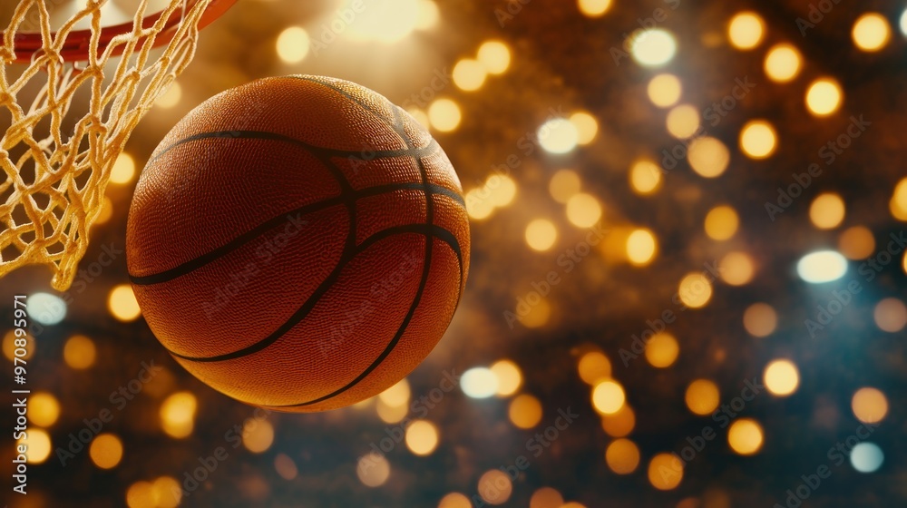 A basketball is seen approaching a hoop with a blurred, illuminated background. A basketball is seen approaching a hoop with a blurred, illuminated background.