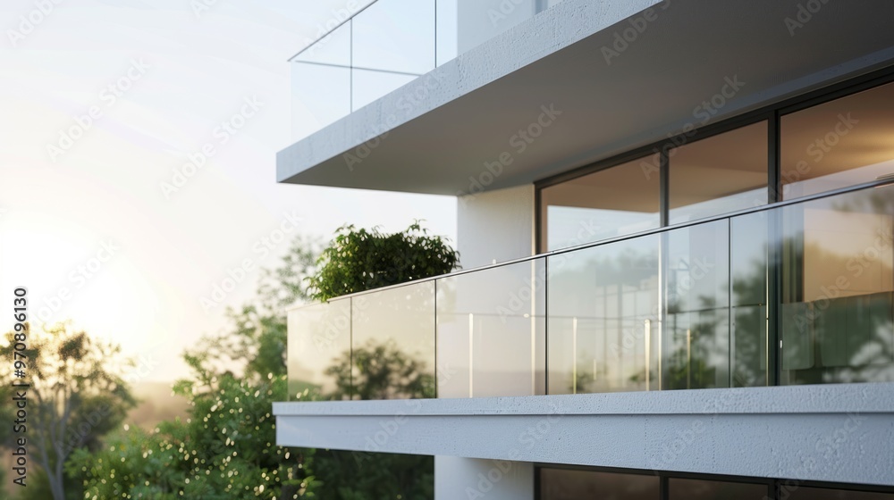 Fototapeta premium A balcony with a view of trees and a sunset