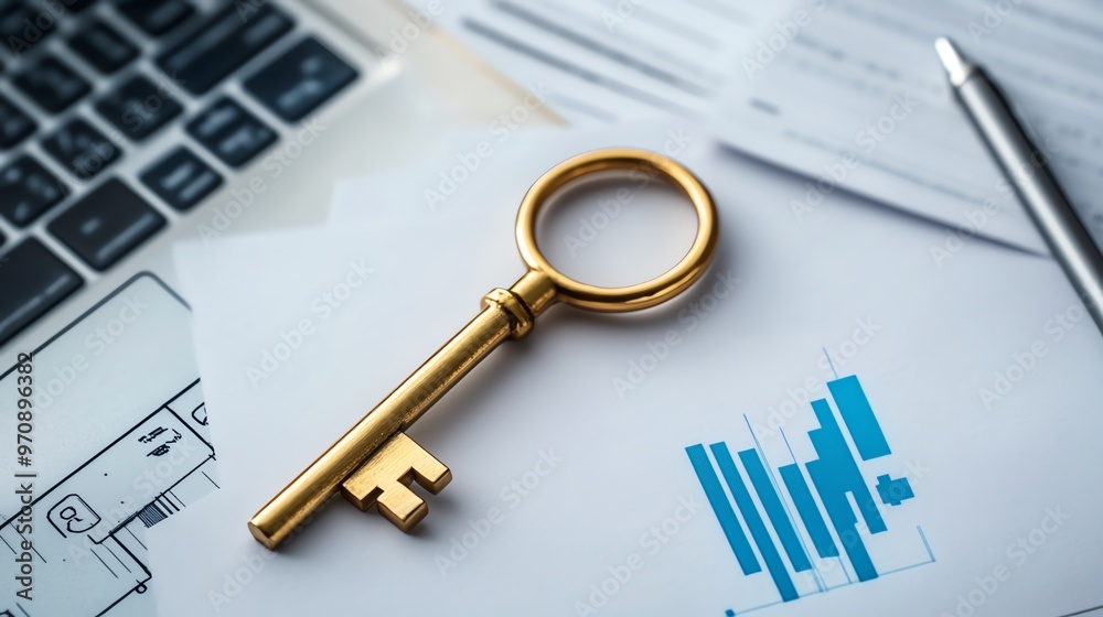 A golden key resting on documents and a keyboard, symbolizing access, finance, and business opportunities. A golden key resting on documents and a keyboard, symbolizing access, finance, and business opportunities.