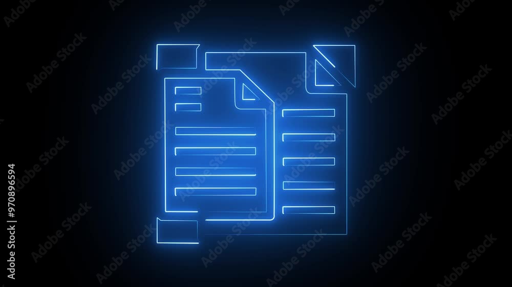 glowing neon blue color page file animation icon on black background glowing neon blue color page file animation icon on black background