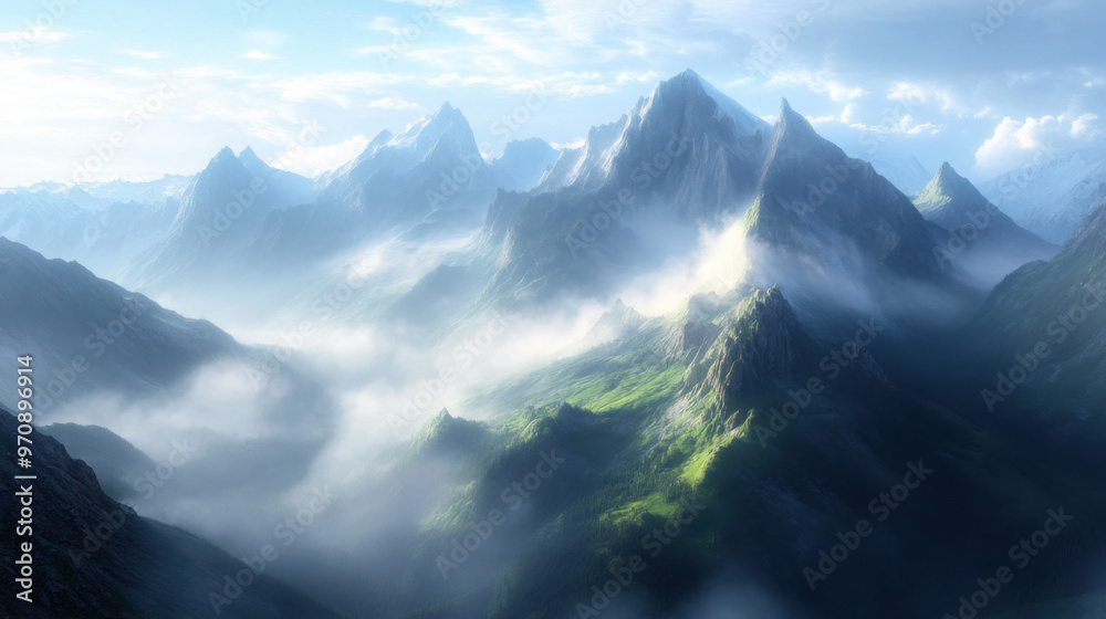 A mountain range shrouded in mist, with only the tallest peaks breaking through into the sunlight. A mountain range shrouded in mist, with only the tallest peaks breaking through into the sunlight.