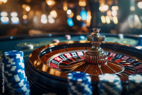 Casino roulette wheel. Roulette wheel close-up.. Close-up of a casino roulette wheel with reflective glossy surface, numbers visible, and light smoke in the background
