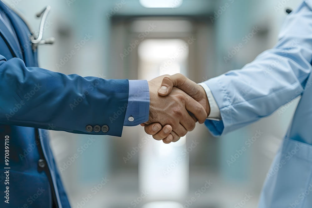 A businessman and a doctor shaking hands in a hospital hallway A businessman and a doctor shaking hands in a hospital hallway