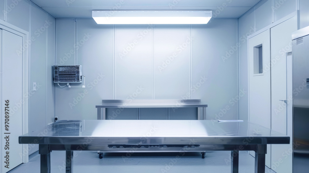 A empty metal table in an bright and clean cosmetic lab. A empty metal table in an bright and clean cosmetic lab.