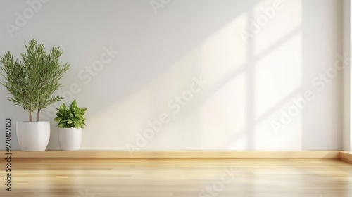 A bright, minimalistic interior with potted plants and sunlight casting shadows.