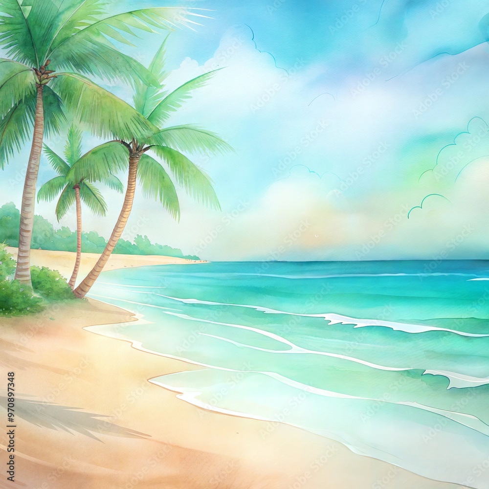 Tropical beach landscape with palm trees and serene turquoise waters
Tropical beach landscape with palm trees and serene turquoise waters