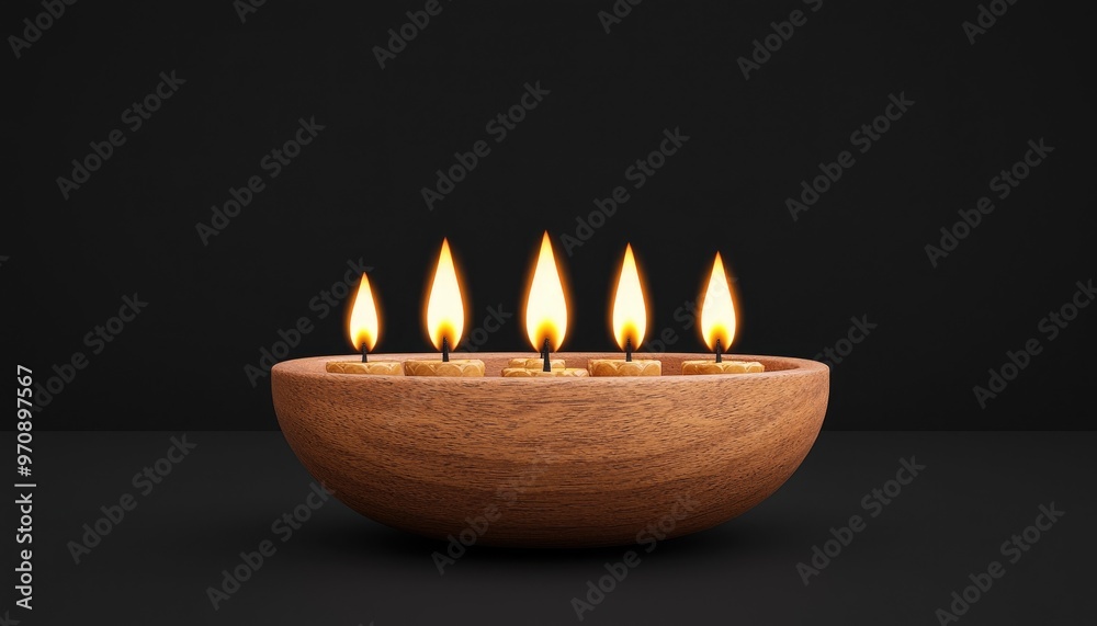 A beautifully crafted wooden bowl with five flickering candles, set against a dark backdrop, creating a serene and warm ambiance. A beautifully crafted wooden bowl with five flickering candles, set against a dark backdrop, creating a serene and warm ambiance.