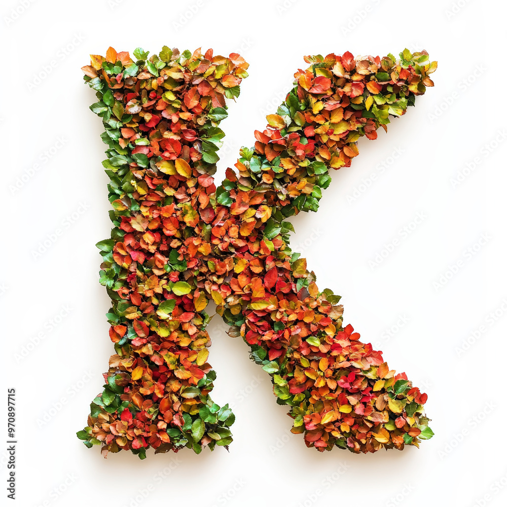 Alphabet letter K made of fall leaves, flowers. berries. Vibrant autumn colours. White clean background. Generative AI Alphabet letter K made of fall leaves, flowers. berries. Vibrant autumn colours. White clean background. Generative AI