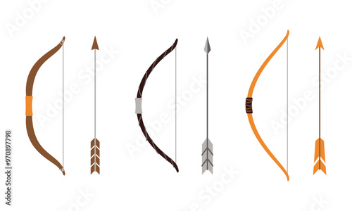 Set of bows and arrows. Medieval ranged weapons