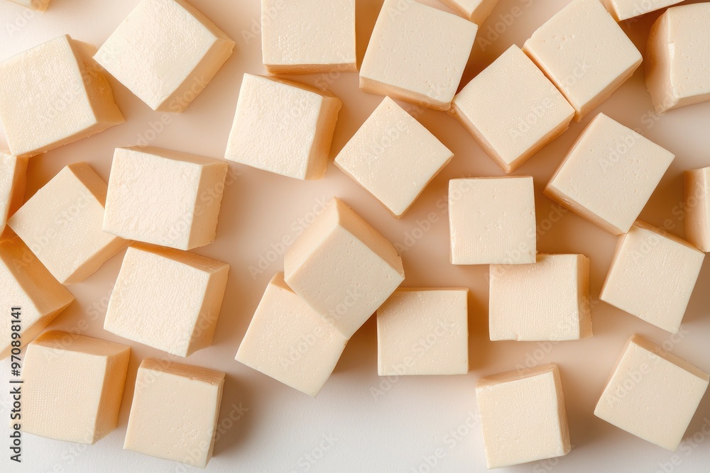 A close-up of cream-colored cubes arranged in a scattered pattern, perfect for design and culinary projects. A close-up of cream-colored cubes arranged in a scattered pattern, perfect for design and culinary projects.