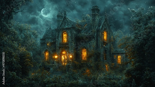 A mysterious old stone house with glowing windows in the woods under a crescent moon. photo