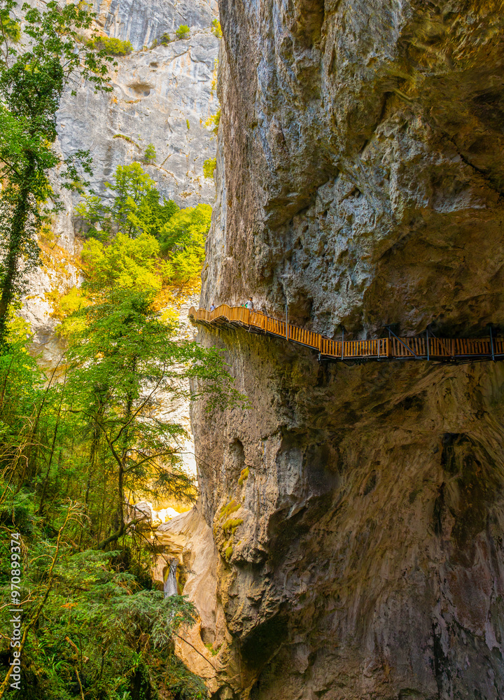 Horma Canyon, Kure Mountains National Park, Kastamonu, Turkey. Wooden walking path.
