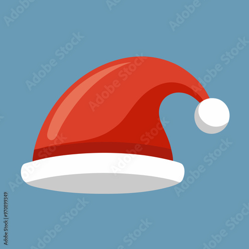 A red Santa hat with a fluffy white pompom against a blue background