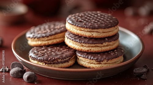 A plate of chocolate-covered cookies stacked neatly, inviting and delicious.