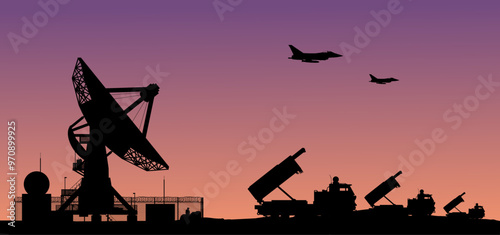 Vektor Silhouette Flugabwehr Radarstation und Kampfjet - Raketensystem - Feuerleitstand zur Abwehr von Raketen, Drohnen, Marschflugkörpern und ballistischen Raketen - Verteidigung Konflikt und Krieg