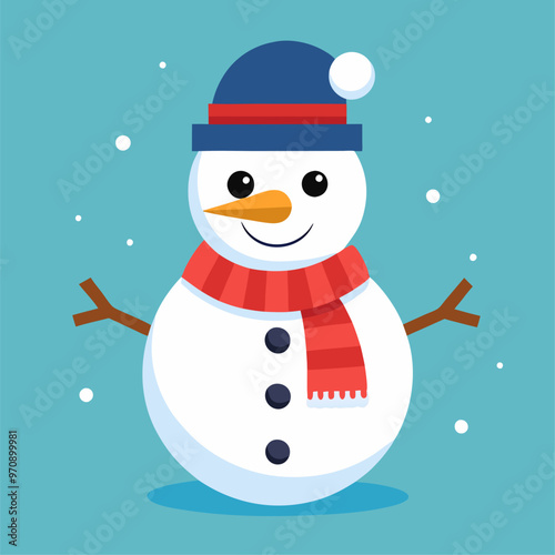 A cheerful snowman in a stylish hat and cozy scarf stands in snow