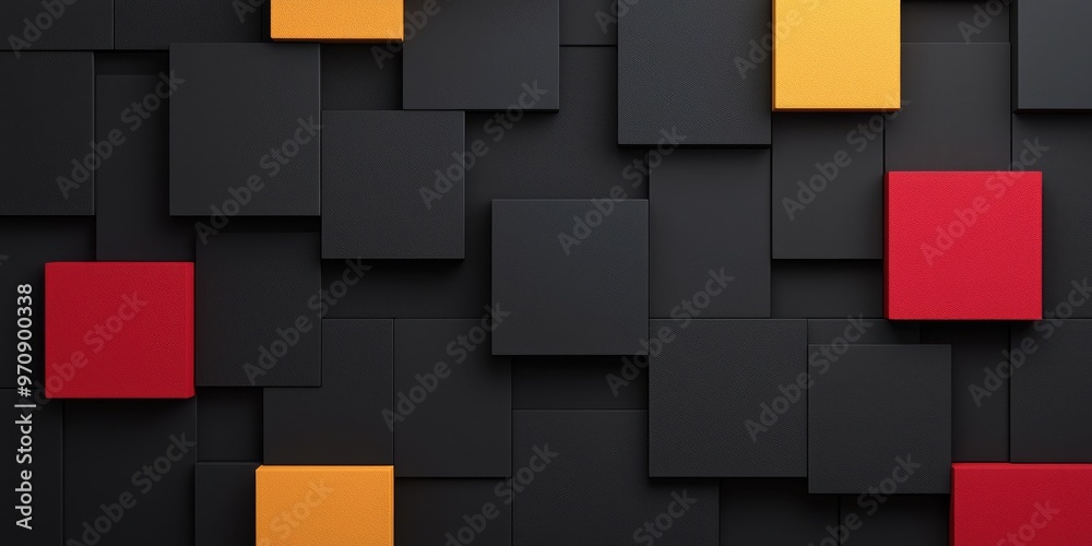 A modern abstract background featuring black, red, yellow, and orange squares in a structured arrangement.