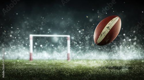 A rugby ball flying towards a goalpost in a misty sports field setting.