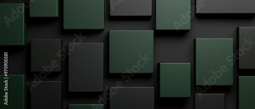 A modern abstract background featuring various green and black geometric blocks arranged creatively on a dark surface.