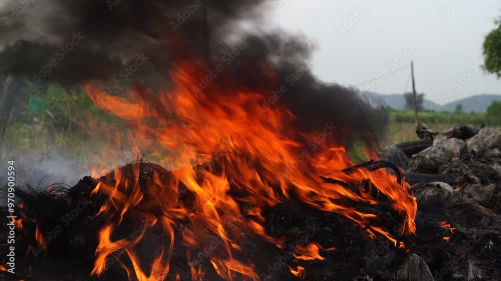 Fire is burning in a pile of garbage. Fire is burning in a pile of garbage.
