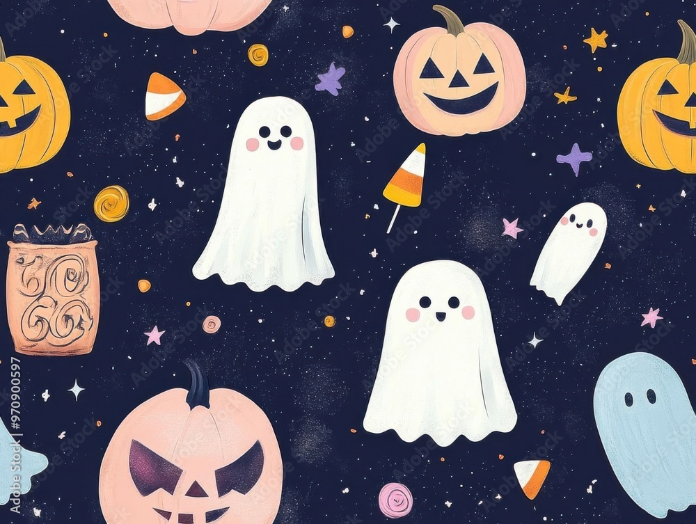 A whimsical Halloween pattern featuring friendly ghosts, pumpkins, and candy against a dark background. Perfect for festive decor. A whimsical Halloween pattern featuring friendly ghosts, pumpkins, and candy against a dark background. Perfect for festive decor.