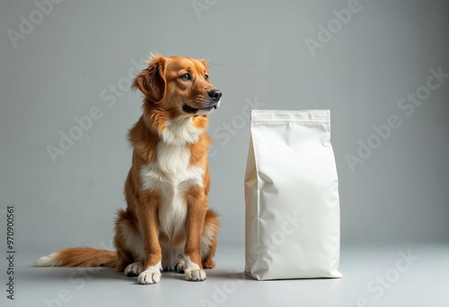 Adorable dog sitting next to a blank white pet food package, ideal for advertising, showcasing pet shop products, or graphic design mockups