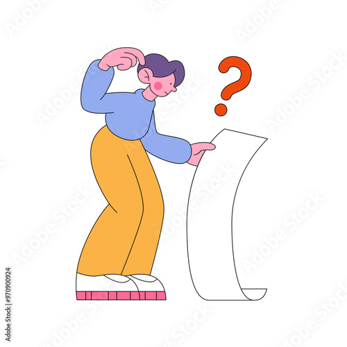 A man looks at a blank sheet of paper in puzzlement