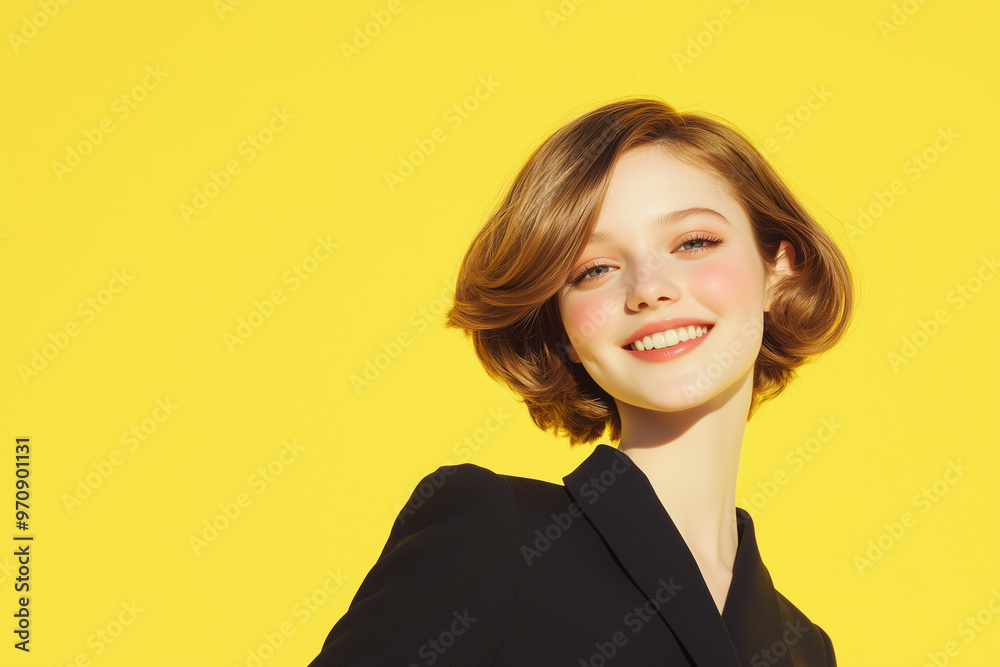 short hair beauty female smiles confidently in a sleek black dress . radiant woman with short, soft wavy hair , exuding elegance. short hair beauty female smiles confidently in a sleek black dress . radiant woman with short, soft wavy hair , exuding elegance.
