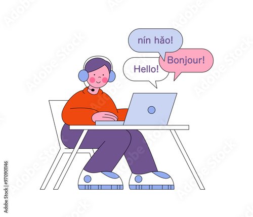 Man is taking a language course online