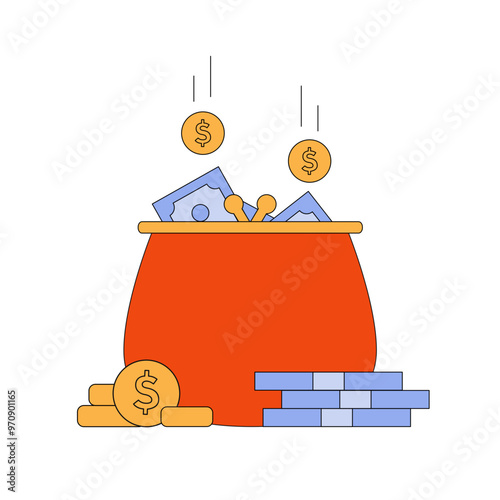 Purse with falling money and a wad of money