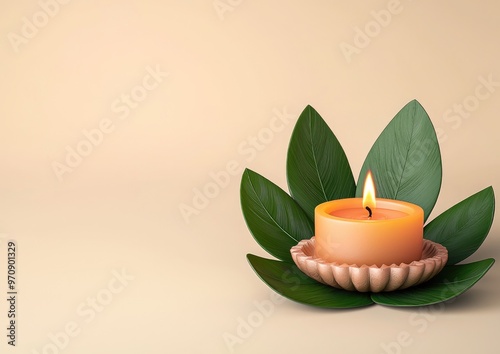 Traditional Diwali A serene candle surrounded by green leaves on a textured background, perfect for relaxation and peaceful ambiance. photo