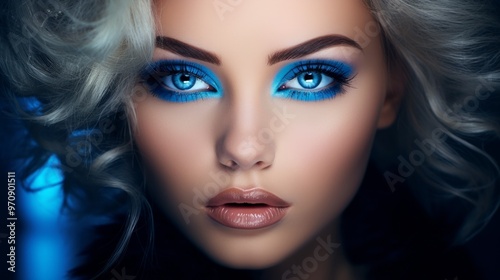 Close-up portrait of a beautiful woman with blue shimer evening makeup. Neural network ai generated art