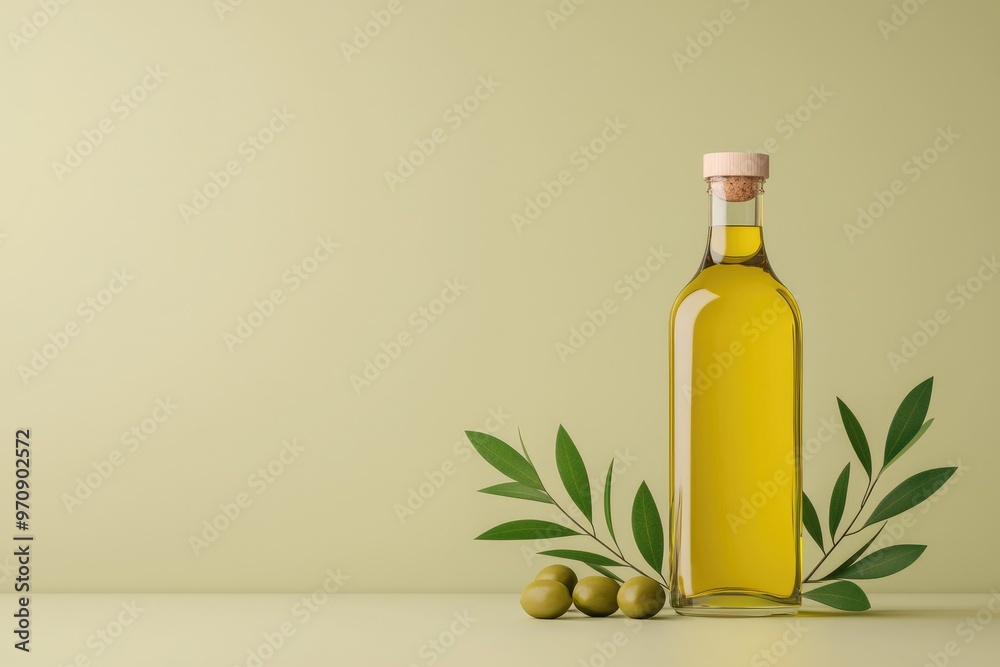 A stylish olive oil bottle on a light green background with fresh olives and olive branches accentuating natural goodness. A stylish olive oil bottle on a light green background with fresh olives and olive branches accentuating natural goodness.