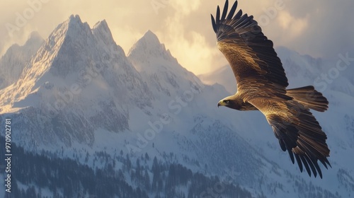 Golden Eagle Soaring Over Snowy Mountains photo