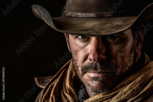 Dramatic western movie scene personage harsh brutal cowboy beautiful cowgirl, Generative AI