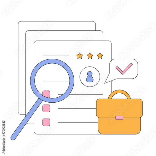 Candidate resumes and a magnifying glass with a business case