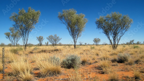 A scene of desert vegetation, including mulga trees and small bushes, surviving in the hot, dry Australian Outback 