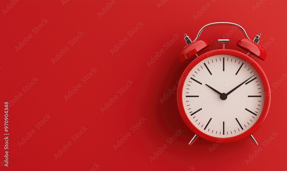 A vibrant red alarm clock against a matching red background, symbolizing time management and punctuality in a bold design. A vibrant red alarm clock against a matching red background, symbolizing time management and punctuality in a bold design.