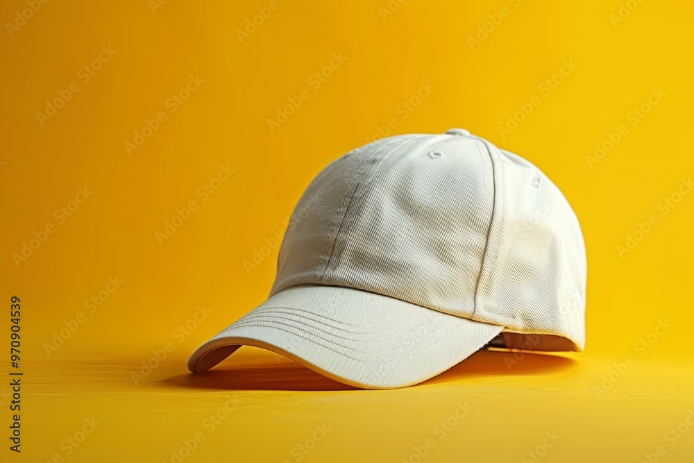 White baseball cap lying on a yellow background
