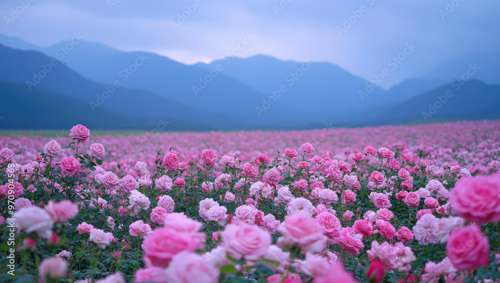 Fototapeta premium A sea of pink peonies in the valley, surrounded by mountains and fog. The peony flowers cover an area of more than ten square meters, creating a beautiful scene. Created with Ai