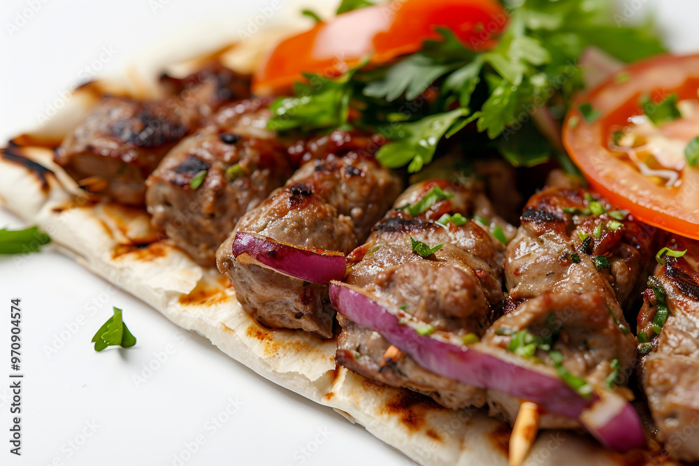 AI generated image of a tasty grilled meat dinner isolated on white background AI generated image of a tasty grilled meat dinner isolated on white background