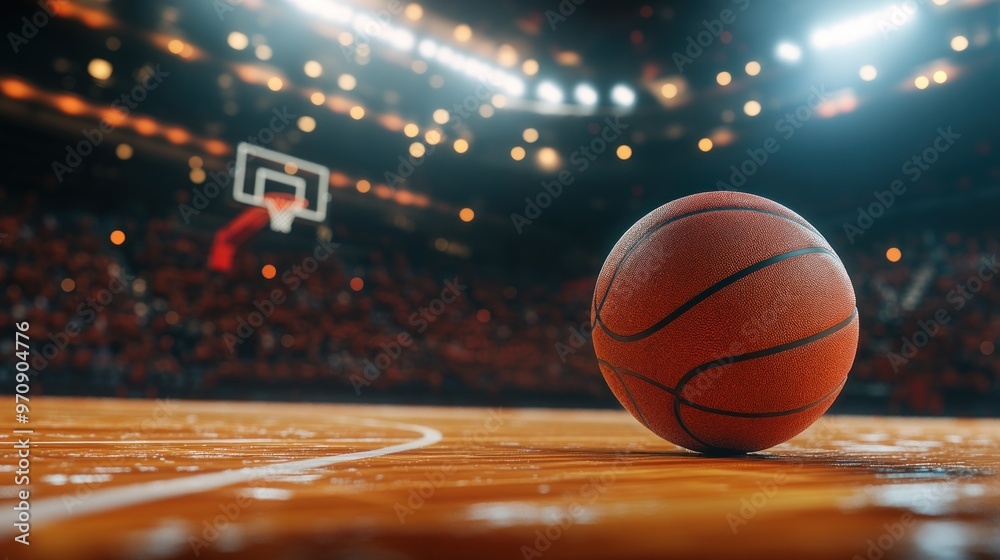 A basketball on a court with a blurred crowd and hoop in the background. A basketball on a court with a blurred crowd and hoop in the background.
