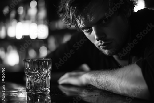 Individual with a vacant expression at a bar, clutching a drink with an empty glass.A man is sitting quietly at a bar enjoying a glass of alcohol photo