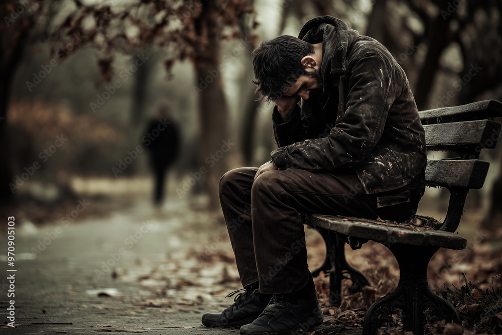 Addicted person with a tired and gaunt appearance, sitting on a park bench, reflecting a difficult life
