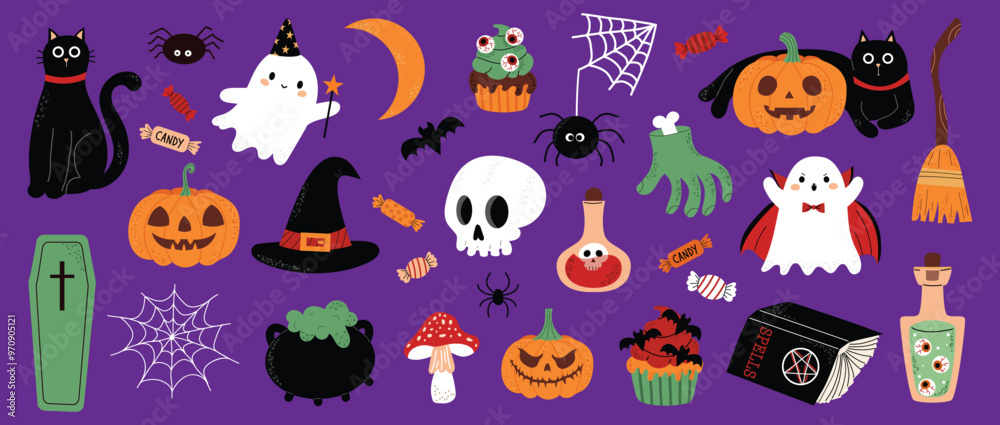 Cute set of Halloween elements. Ghosts, black cat, pumpkins, potion, candy. Child Collection for Halloween celebration. Vector illustration in the hand drawn style on purple isolated background. Cute set of Halloween elements. Ghosts, black cat, pumpkins, potion, candy. Child Collection for Halloween celebration. Vector illustration in the hand drawn style on purple isolated background.