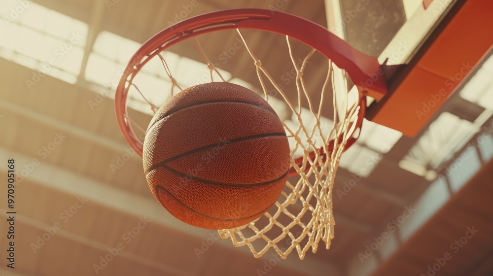 A basketball is about to enter the hoop in a gymnasium setting. A basketball is about to enter the hoop in a gymnasium setting.