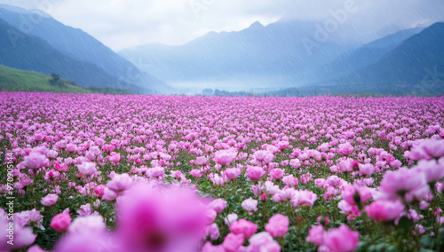  A large field of pink peonies, mountains in the background. Created with Ai